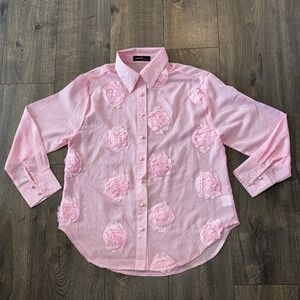 on_twelfth Women's S-M 3D Appliqué Rose Button  Shirt Sheer Romeo Retro Barbie